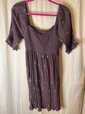 Hem & Thread Plum Smocked Midi Dress with Floral Embroidery